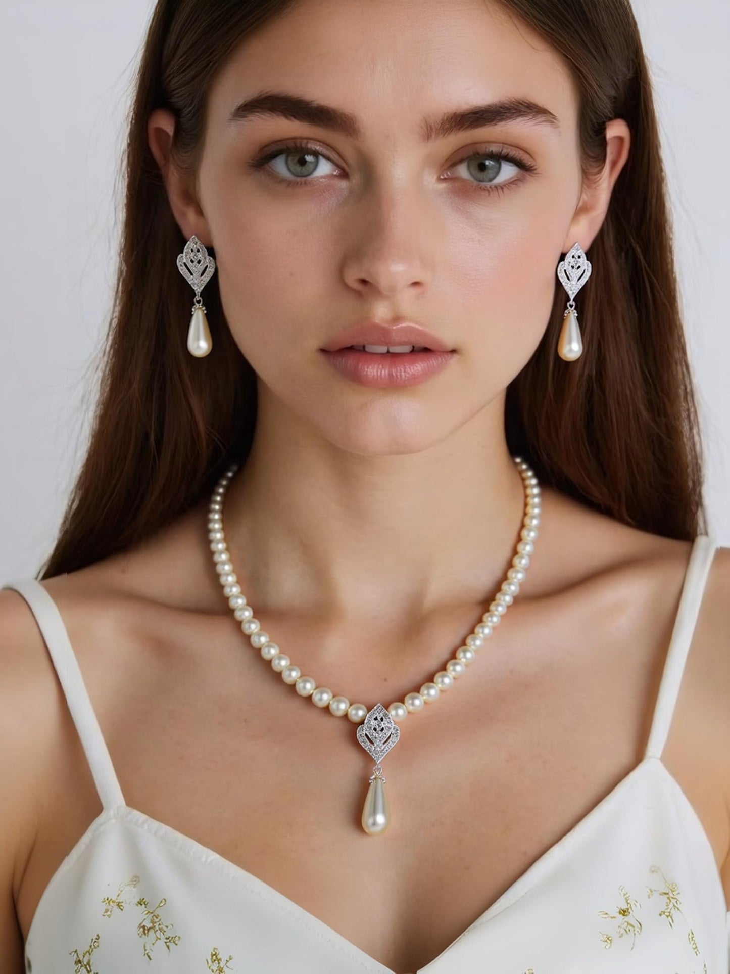 Pearl Necklace and Earring Set for Women,Pearl Jewelry Set Fake Pearls Necklace Imitation Beaded Collar de Perlas Para Mujer Necklaces for Prom Bridesmaid Costume Accessories B-Silver Water Drop