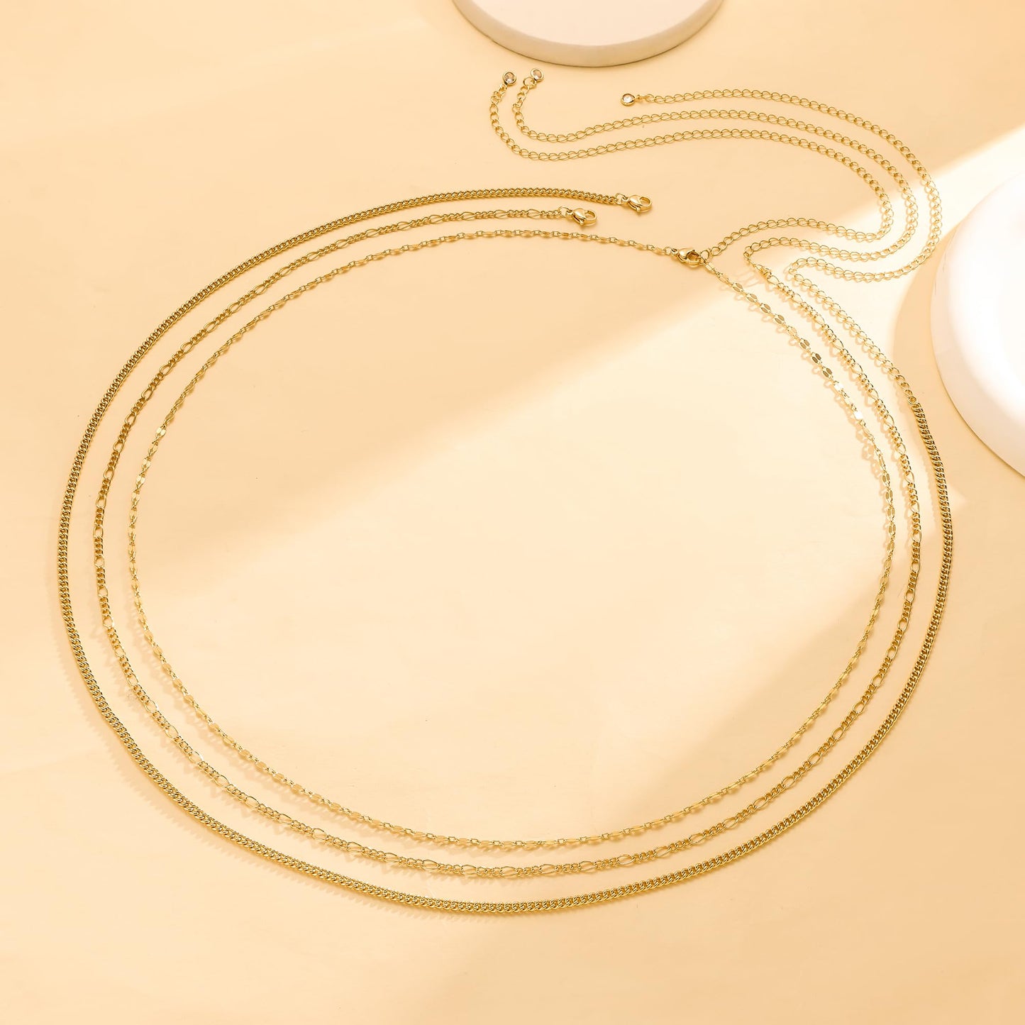 CHESKY 14K Gold Plated Layered Waist Chain for Women, Belly Belt Chains Beach Waist Beads Chain Waterproof Cuban Figaro Body Chain Summer Jewelry Accessories for Women