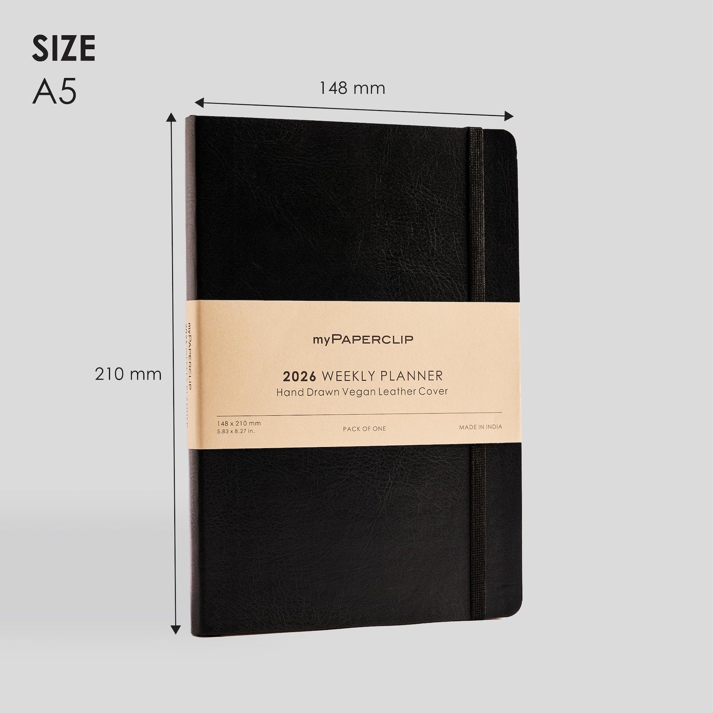myPAPERCLIP 2026 Weekly Planner | Italian Vegan Leather Cover, 192 Pages, 80 GSM, A5 (5.83 x 8.27 in) | Flat Lay | Yearly Calendar, Monthly Overview & Weekly Planner Layout | Black
