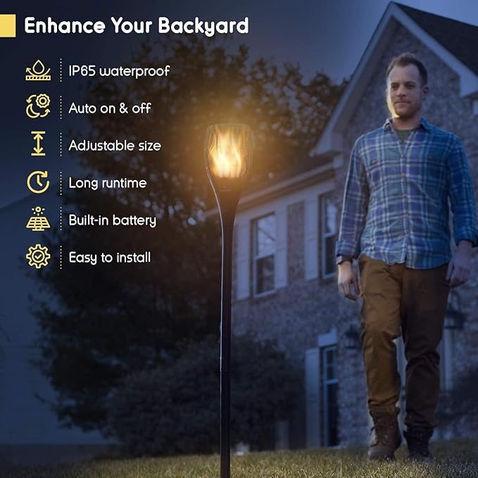 Everbeam P1 Solar Torch Light with Flickering Flame - Our Waterproof Outdoor Solar Tiki Torches Come Equipped with 96 LED Bulbs That Create A Stunning Realistic Fire Effect - 4 Pack