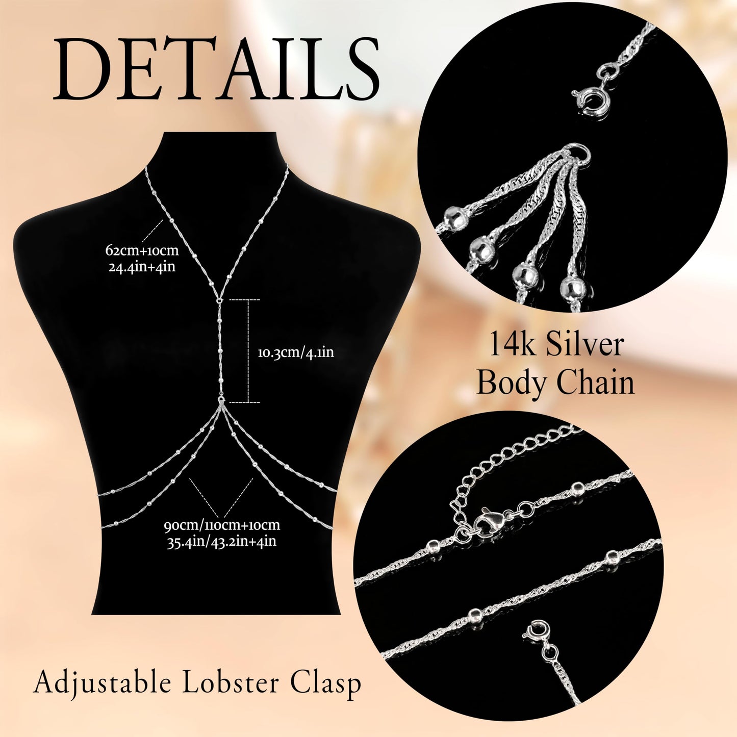 HERIER 14K Silver Plated Body Chain for Women Layered Beads Chain Adjustable Sexy Beach Body Jewelry Belly Waist Chain Jewelry for Women Gifts