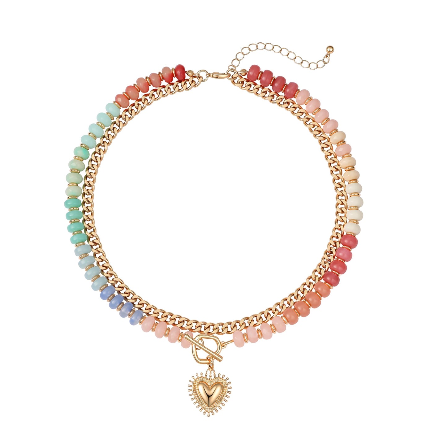 Frigotine Chunky Heart Necklace for Women, Pastel Blue Pink White Resin Beaded Choker with Gold Puffy Heart Pendant, Double Layer Chain Layered Statement Jewelry Gift