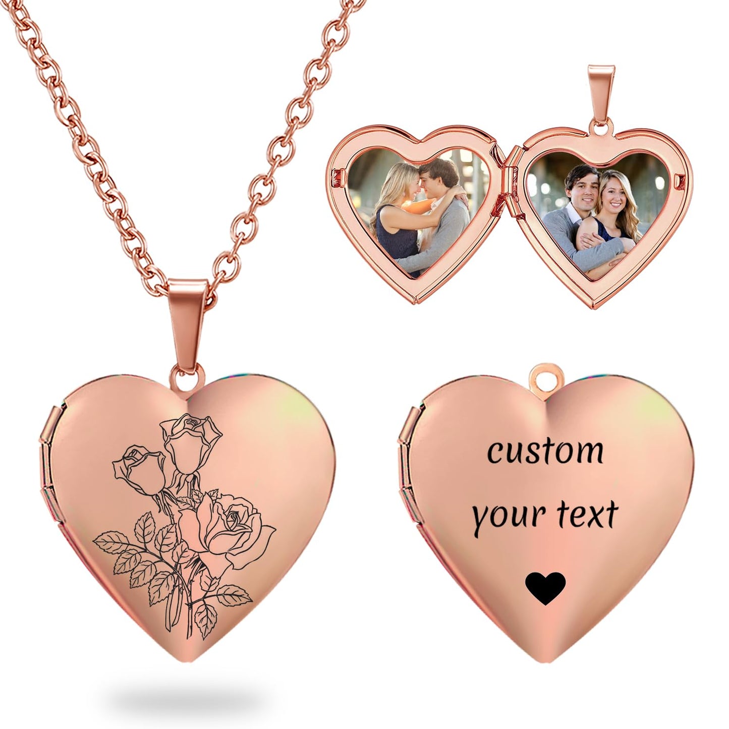 PHOCKSIN Rose Gold Heart Locket Necklace 12 Birth Flowers Personalized Love Heart Necklace that Holds Pictures Customized Gifts Locket Necklaces for Birthday