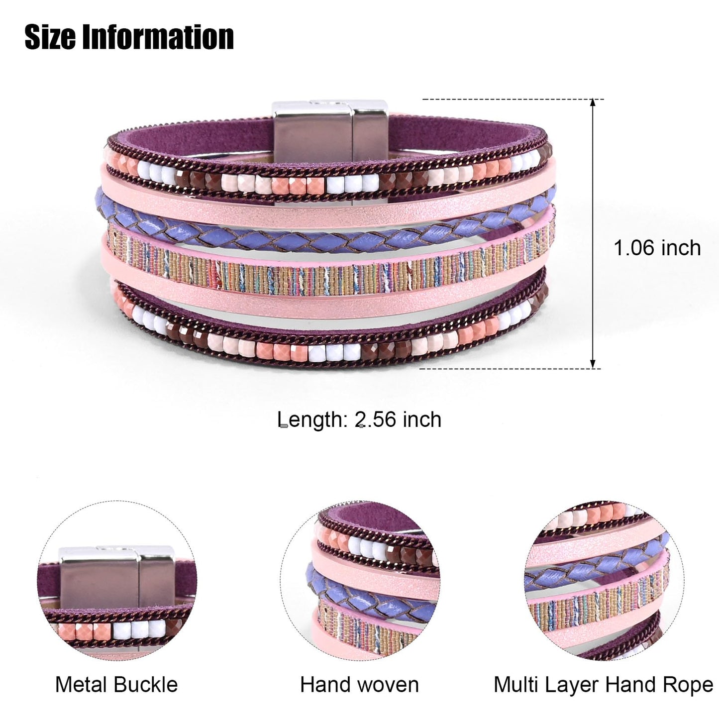 VIBILIA Boho Leather Wrap Bracelets for Women Trendy Layered Multi-Layer Bracelets with Strong Clasp Jewelry for Women - Purple