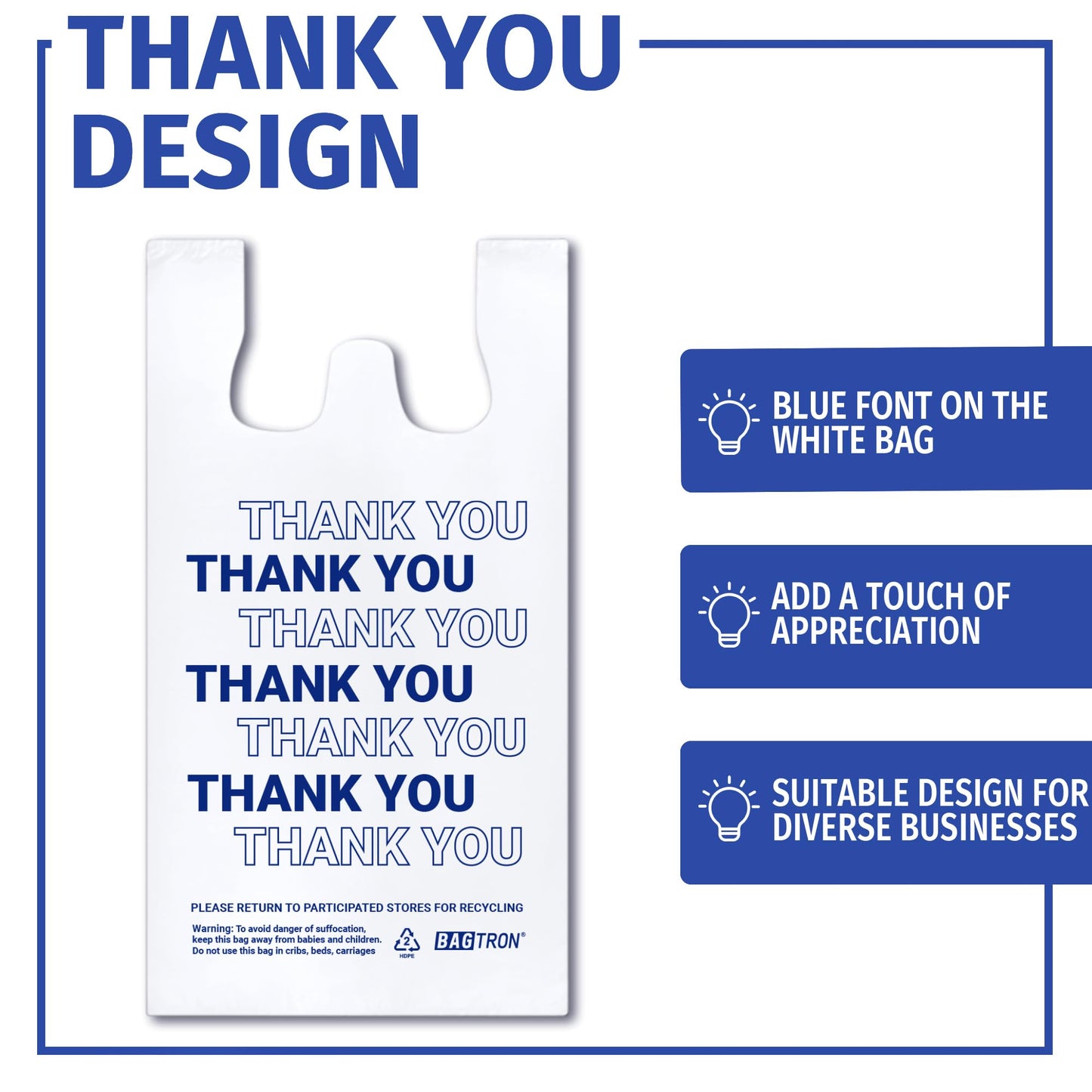 Bagtron Thank You T-Shirt Carry-Out Bags, Disposable Plastic Bags with Handles for Shopping and Restaurant, 1/5 Barrel, 0.75 Mils, White/Blue, 13" x 8" x 23" Large, 500 Count