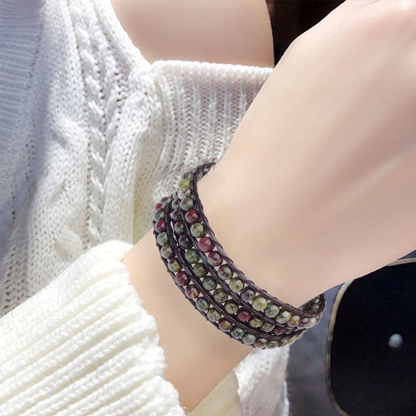 Ayriwoyi Leather Wrap Bracelet for Women Natural Beaded Stone Bracelets Dragon Blood Womens Boho Bracelet Adjustable Handmade Jewelry Gifts for Women