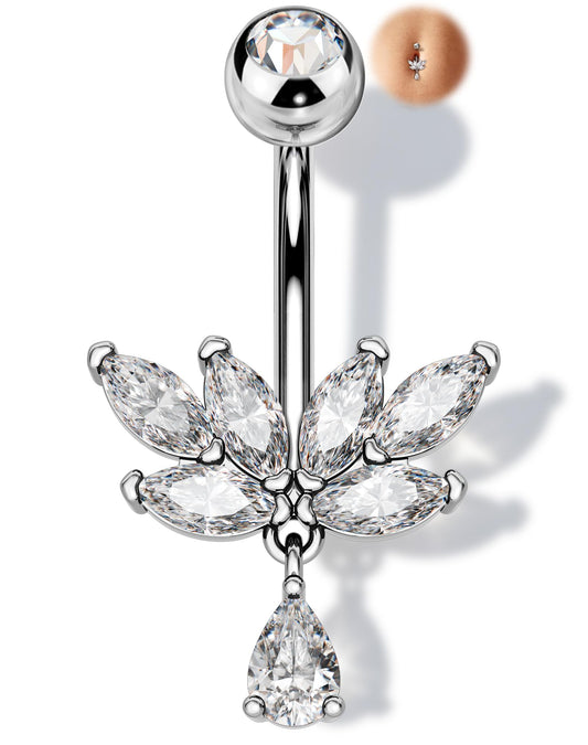 Melighting 14G Lotus Belly Button Ring Stainless Steel 316L Dangle Navel Piercing Jewelry Marquise CZ Belly Bar 10 mm Silver Body Jewellery for Women