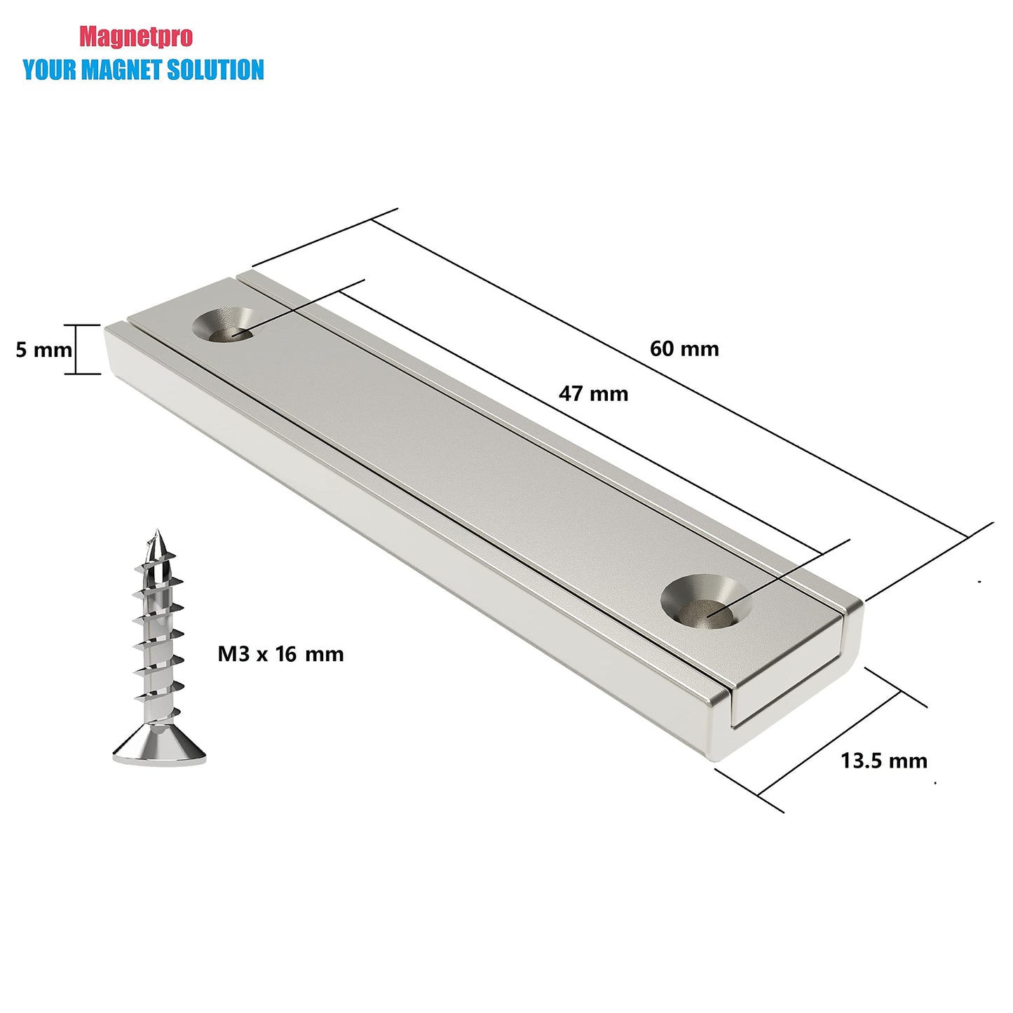 Magnetpro Rectangular Magnets 70 LB Force Size 2.36" x 0.53" x 0.20" with Counterparts and Countersunk Hole, Household and Industrial Pot Magnet with Screws Pack of 6