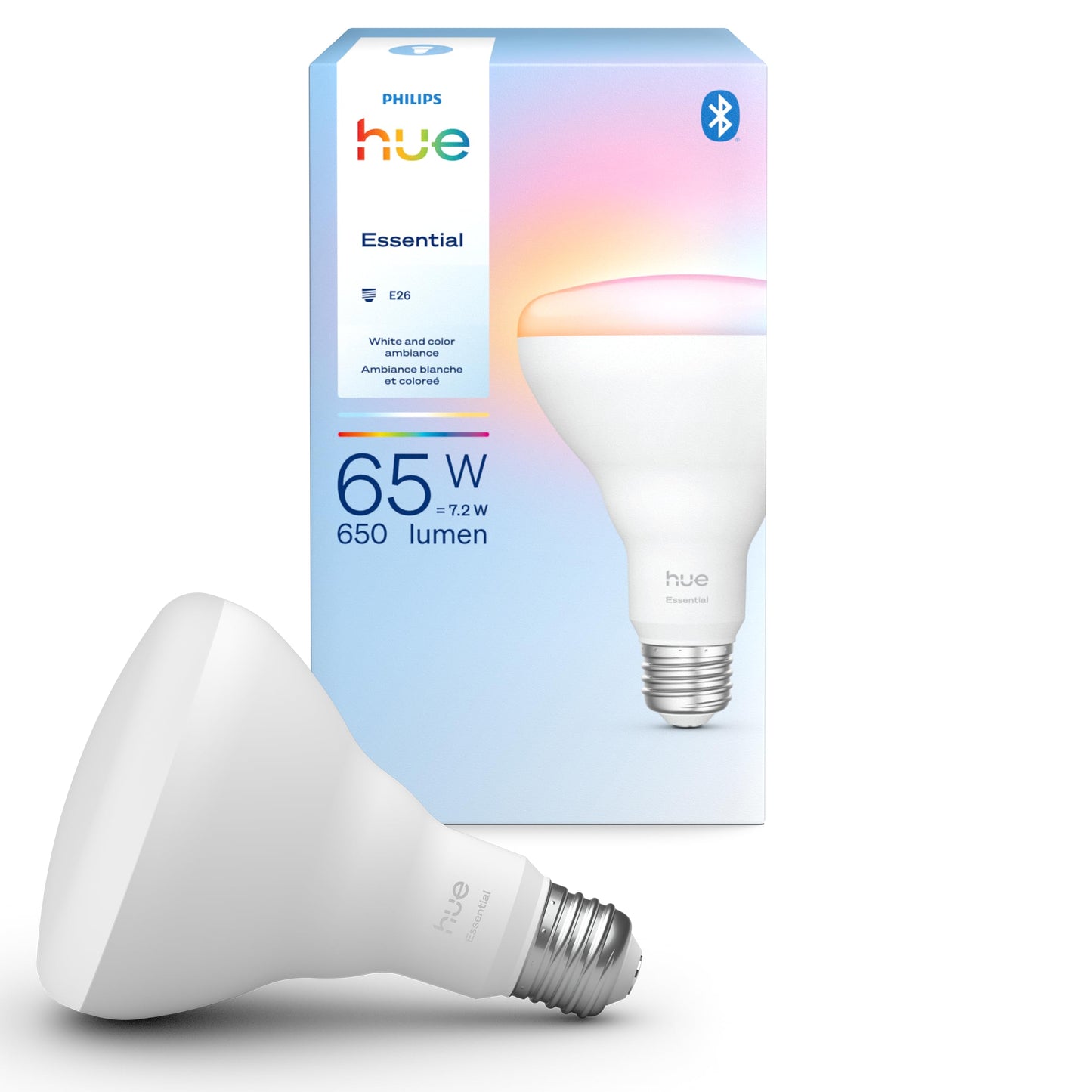 Philips Hue Essential Smart LED BR30 Bulb 1-Pack, White and Color Ambiance, E26, 7.2W, 2200K-6500K, 650 Lumens, Dimmable, Works with Alexa, Google Assistant, Apple Home