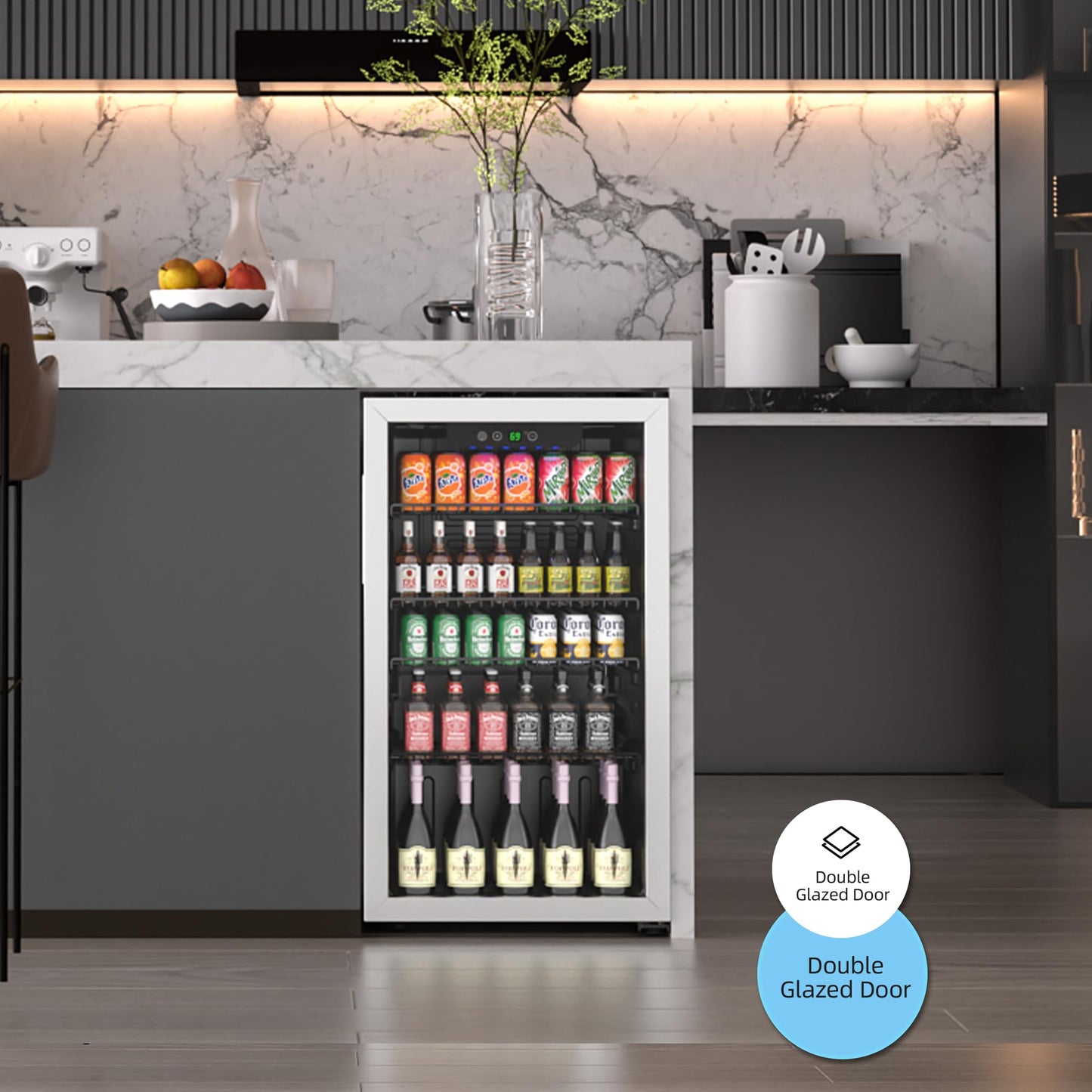 Erivess Beverage Refrigerator and Cooler, 110 Can/3.1 Cu Ft Mini Fridge with Glass Door, Adjustable Shelves for Soda,Bee,Wine, Free Standing Small Refrigerator, Digital Display, for Home, Bar, Office