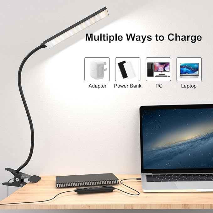 Vansuny Clip on Light LED Desk Lamp with Eye-Caring LED Light and Metal Clip, 11 Level Brightness 3 Color Modes, Power by USB Port 5W Adjustable Neck Reading Lamp for Home and Office (5W, Black)