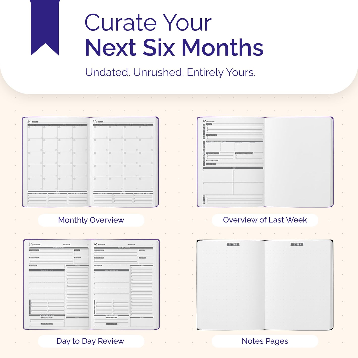 Panda Planner Pro A4 Daily Planner 2026 – 6 Month Undated Planner with Hourly Schedule, Large 8.5x11 Layout, To Do List, Daily Journal, Goal Planner, Habit Tracker & Gratitude Organizer for Home/Office – Purple