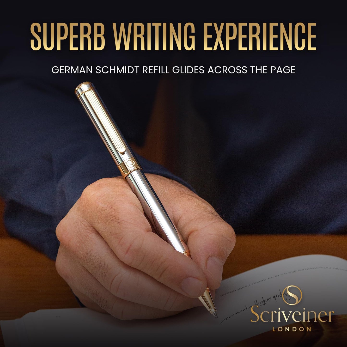 Scriveiner Silver Chrome Rollerball Pen - Stunning Luxury Pen, Real Gold Plating, Schmidt Ink Refill, Best Roller Ball Pen Gift Set for Men & Women, Professional, Executive Office, Fancy Pens