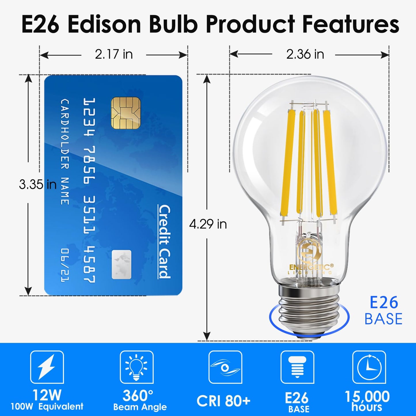Energetic Dimmable A19 LED Edison Light Bulb, 12W Equivalent 100W, 1600LM High Brightness, 3000K Warm White, Clear Antique LED Filament Bulb for Home, Bathroom, E26 Standard Base, 6-Pack