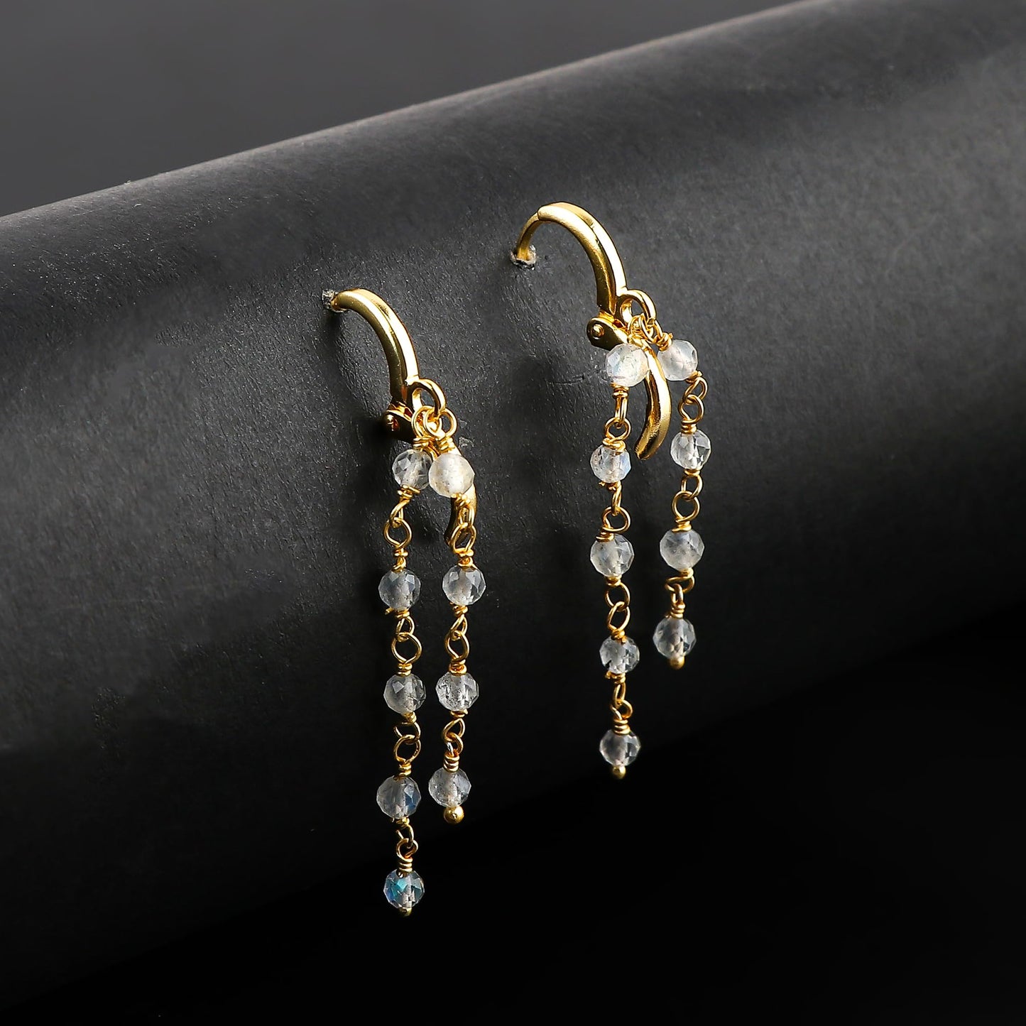 CRYSTALINES (3pcs) Natural Labradorite Gemstone Cluster Jewelry Combo Set, 14K Gold Plated, Crystals Beads Rosary Chain, Handmade Bohemian Jewelry - Bracelets, Necklace, Earrings for Women