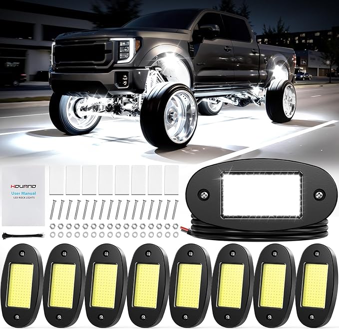 8 Pods COB White Rock Lights, 120 COB Chips 6500K Pure White Super Bright Neon Underglow, IP68 Waterproof Shockproof Off-Road Light Kit for Pickup Trucks, SUV, UTV, ATV, RZR, Cars & Boats