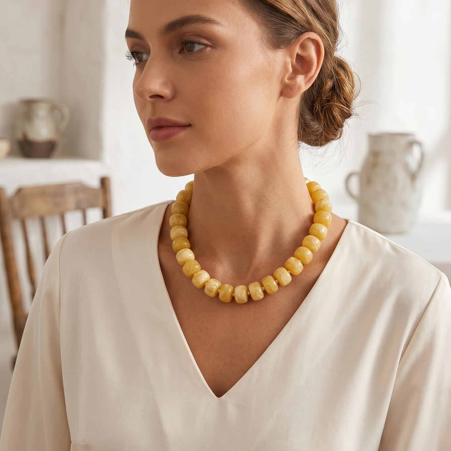 Badu Yellow Chunky Beaded Necklace for Women,Acrylic Bead Choker Statement Necklace Cute Trendy Necklaces Jewelry Gifts