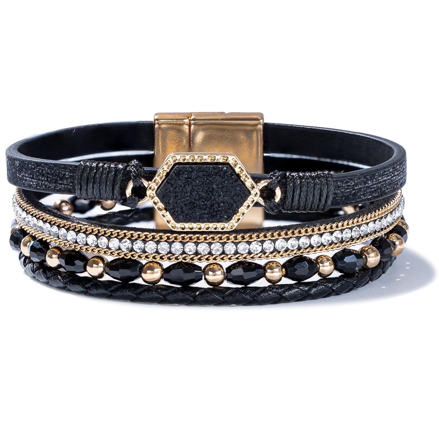 FANCY SHINY Crystal Beaded Leather Wrap Bracelet Stackable Boho Jewelry for Women Trendy Braided Resin Stone Bangle Cuff with Magnetic Clasp(Black)