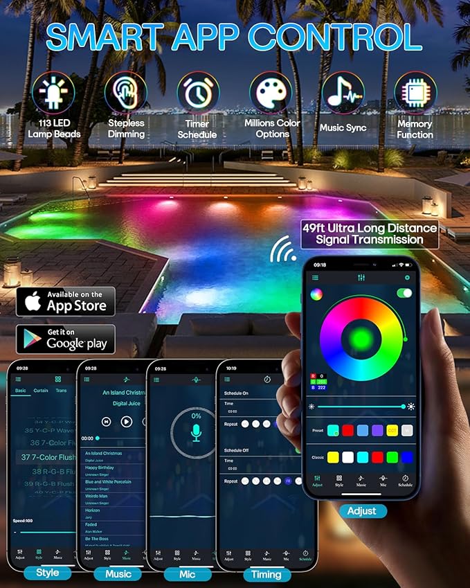 PRIORARE 22W Underwater Pool Lights, 5V Submersible Pool Light for Above Ground Inground Swimming Pools with APP Control Magnetic Led Pool Lights RGB Dimmable Timer IP68 Waterproof Music Sync