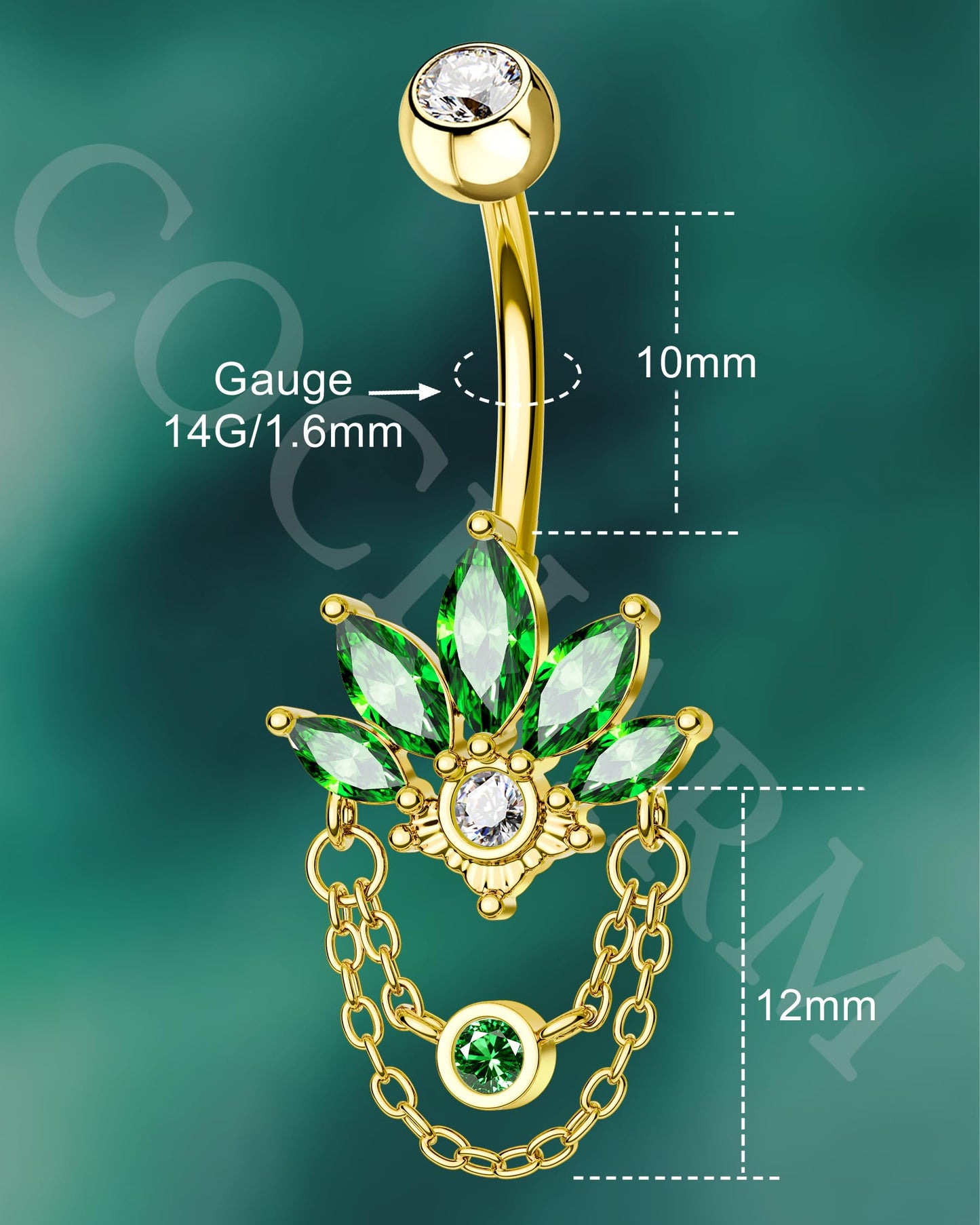 COCHARM Green Lotus Belly Button Rings, 14G 5A CZ Navel Rings for Women, Dangle Belly Navel Piercing Jewelry Stainless Steel