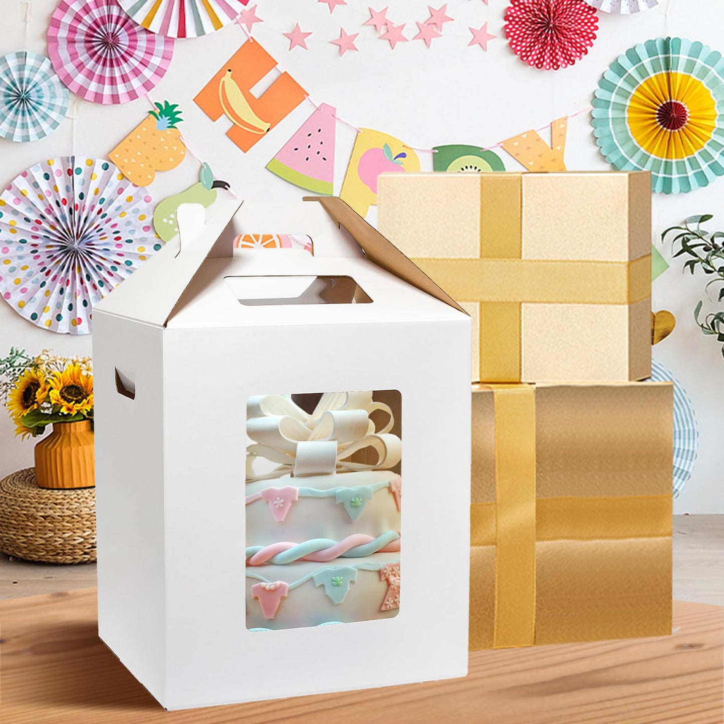 Wowxyz 5 Pack Tall Cake Boxes for Tier Cakes 16x16x18 Inch Disposable Layer Tall Baking Carrier with Window Large Tierd Bakery Take Out Transport Containers with Handle for Wedding, Birthday, Party