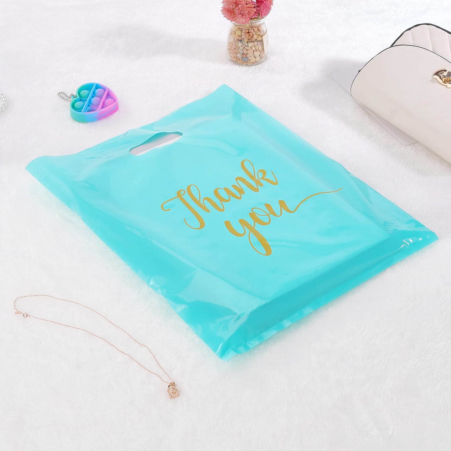 MUKOSEL 100Pcs Thank You Merchandise Bags, Extra Thick 2.36 Mil 12x15 In Retail Shopping Bags for Goodie bags Party Stores Boutique Clothes Business Gift, Reusable Plastic Bags with Handle (Blue)