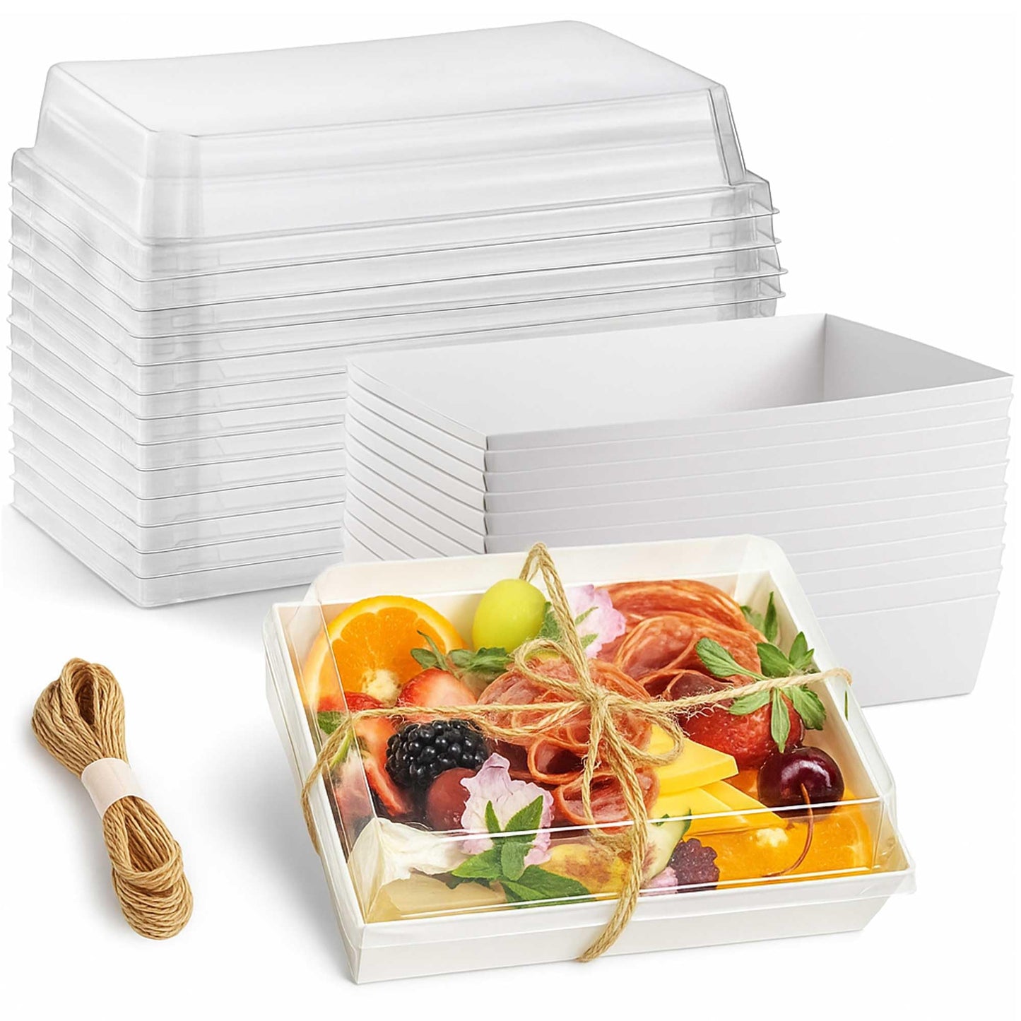 Leafiew 50 Pack 7x5 Inches Charcuterie Boxes with Clear Lids - Individual To Go Paper Charcuterie Board with Lid, Disposable Food Containers for Desserts, Cookie, Food, Charcuterie Accessories,White