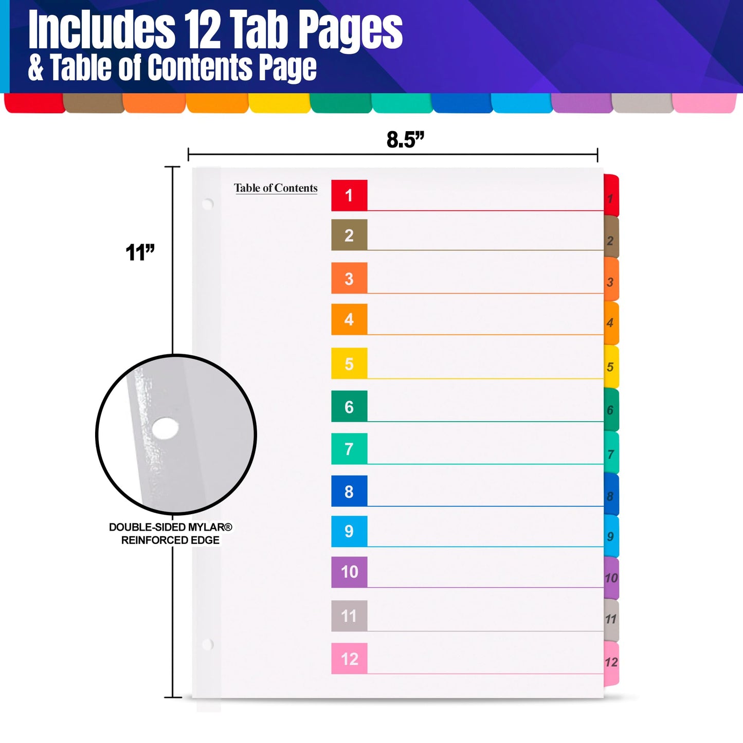 Tab Dividers for 3 Ring Binders – 6 Sets, 1–12 Numbered Index Dividers with Table of Contents – 8.5 x 11 in, 3-Hole Punched – Binder Dividers for School, Office, Filing, Organizing - 6 Pack