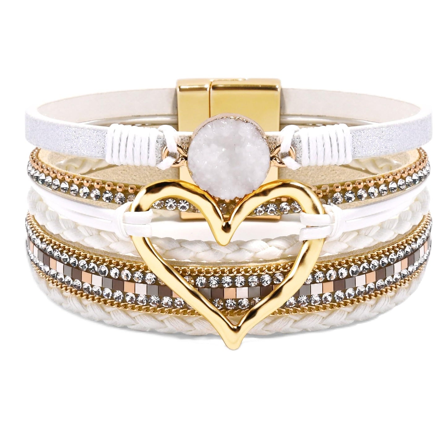 VIBILIA Boho Leather Wrap Bracelets for Women Heart Multi-Layer Bracelets with Strong Clasp Jewelry for Women-White