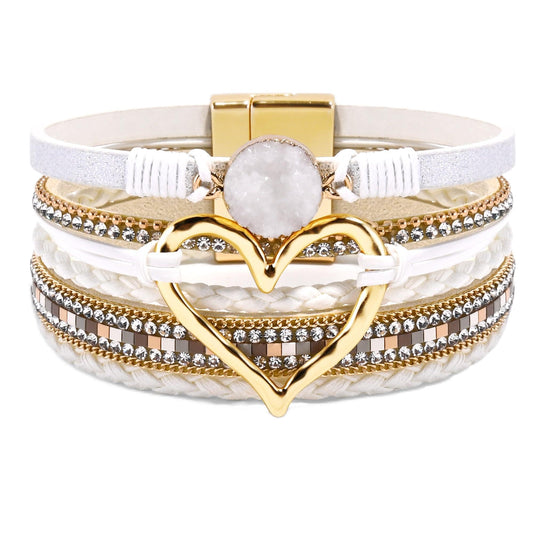 VIBILIA Boho Leather Wrap Bracelets for Women Heart Multi-Layer Bracelets with Strong Clasp Jewelry for Women-White