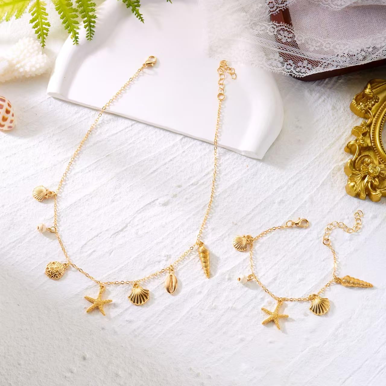 FemmeFeast Pearl Shell Jewelry Set for Women OT Buckle Closure Necklace and Bracelet Ocean-Themed Set with Starfish & Seashell Charms Beach Holiday Jewelry Gift (B-Alloy)