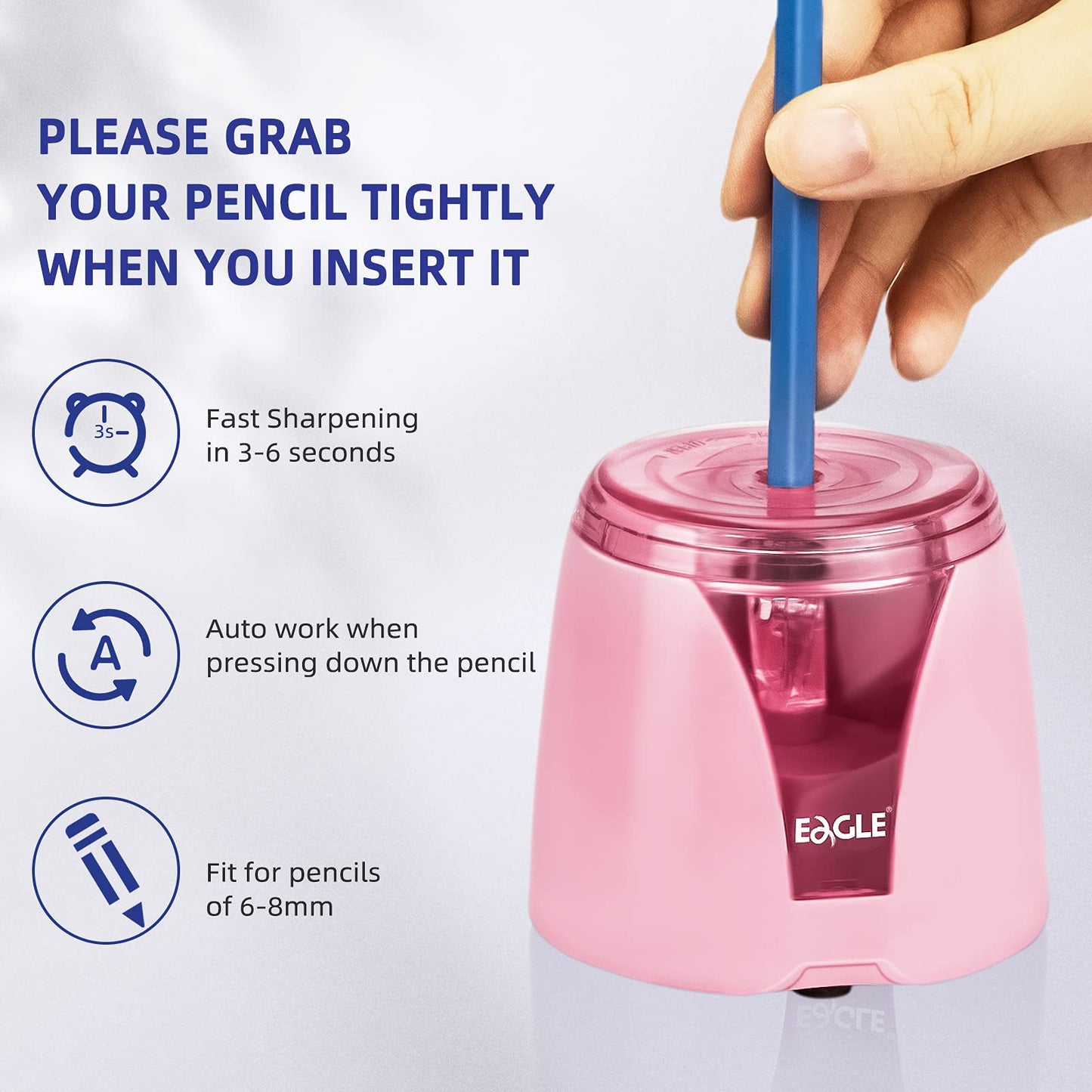 Eagle Electric Pencil Sharpener, Battery Powered, Large Shaving Holders, Carbon Steel Blades, Portable, Reusable and Replaceable Blade, Suitable for Kids, Home, School and Office use (Pink)