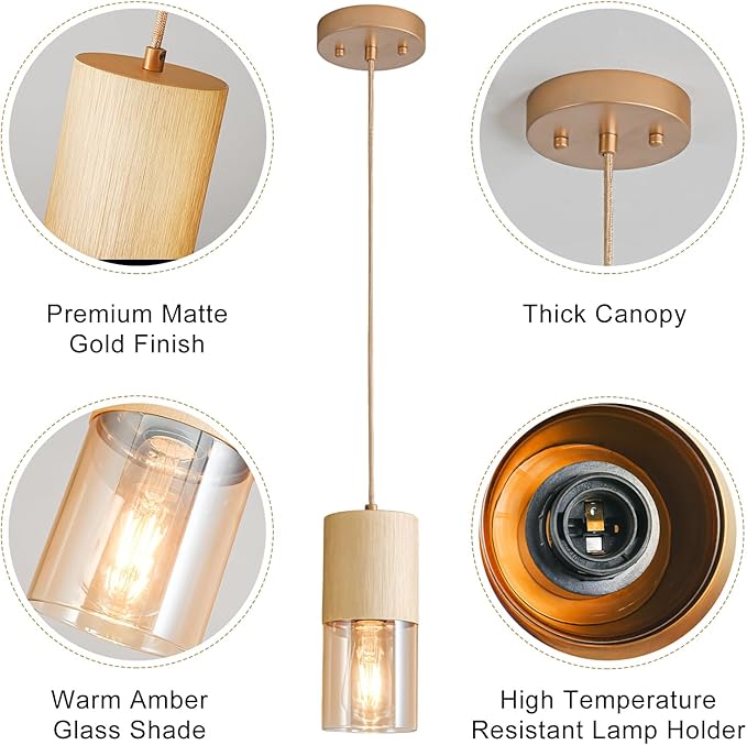 Pendant Light Fixtures, Adjustable Modern Pendant Lights for Kitchen Island, Industrial Amber Glass Pendant Lights for Dining Table Hallway Bedroom Living Room, Gold, 2 Pack