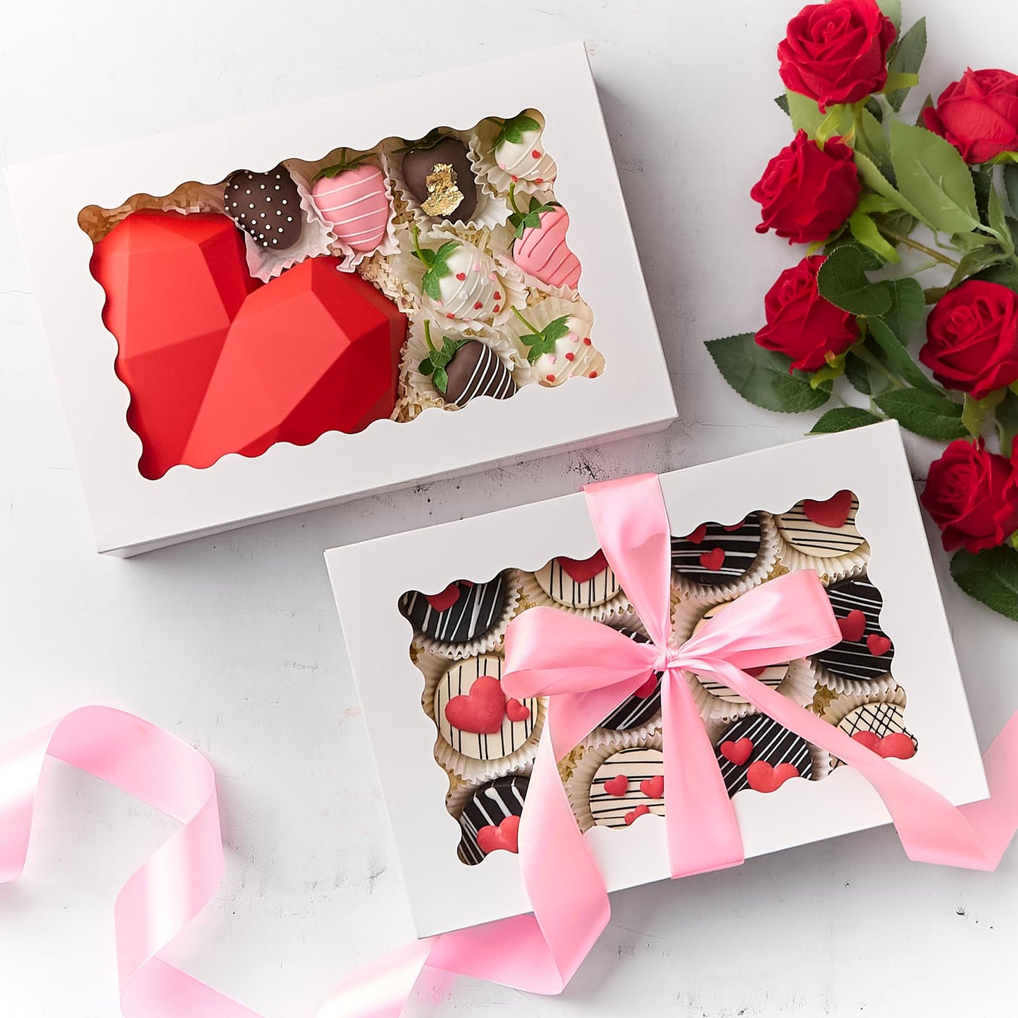 Kucoele 20 PCS Bakery Boxes with Window, 12 x 8 x 2.5 Inches Pastry Boxes Auto-Popup Treat Boxes for Chocolate Covered Strawberries, Cookies, Muffins, Donuts, Breakable Hearts