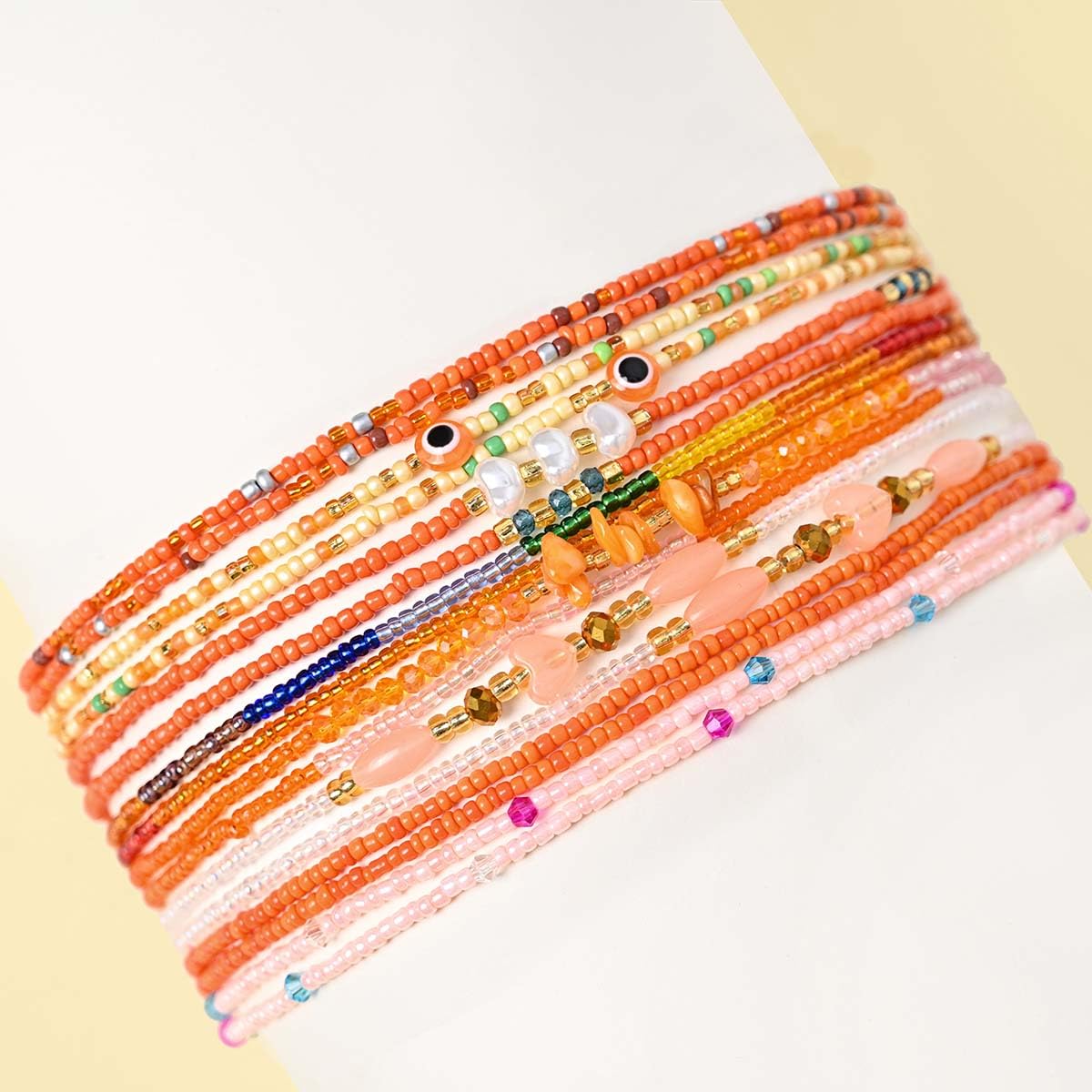 ELABEST Adjustable Handmade Waist Beads Stretchy 23-52 inch 8Pcs Chakra Body Belly Beaded Women Waist, Anklet, Bracelet, Necklace Jewelry with Screw clasp (Orange, 39.3inch/100cm)