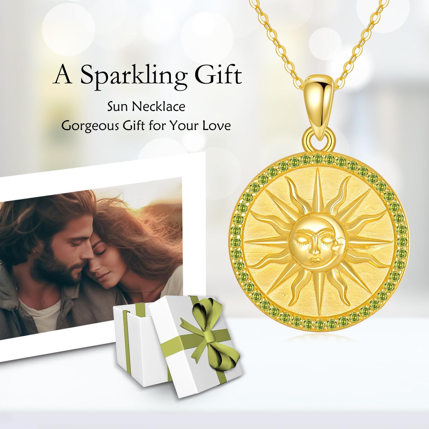 KQF Sun Coin Necklaces for Women Birthstone Jewelry Gift Sterling Silver Sun 18K Gold Plated Pendant August Jewelry Gift for Mom