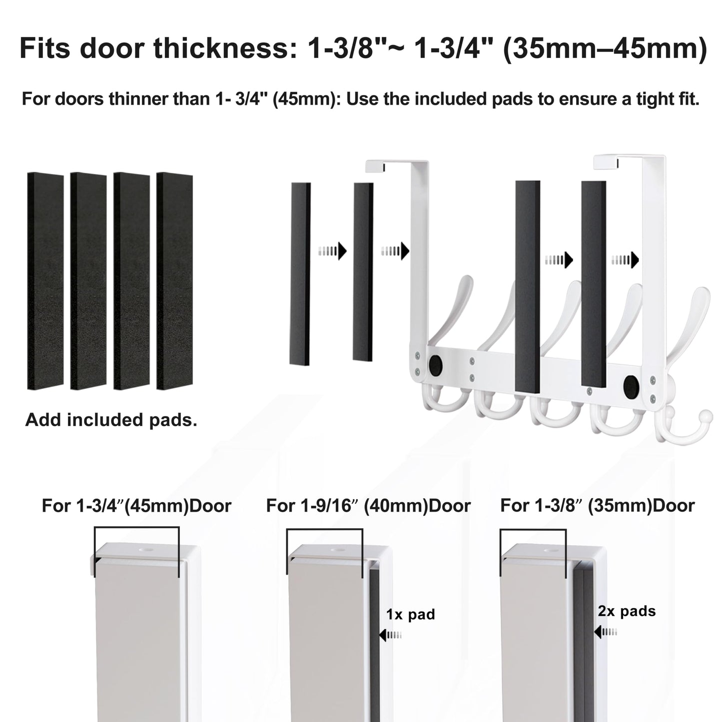 Dseap Over The Door Hook Hanger - Fits 1 3/8" to 1 3/4" Standard Doors | 5 Tri Hooks Heavy Duty Towel/Coat Rack | Door Organizer for Clothes, Jackets, Hats, Towels, White