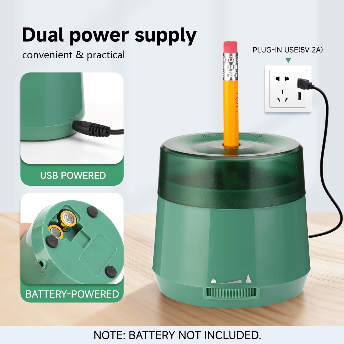 Electric Pencil Sharpener, Dual Power USB Battery Operated, Portable Design for 6-8mm Pencils, Home School Office Use (Green)