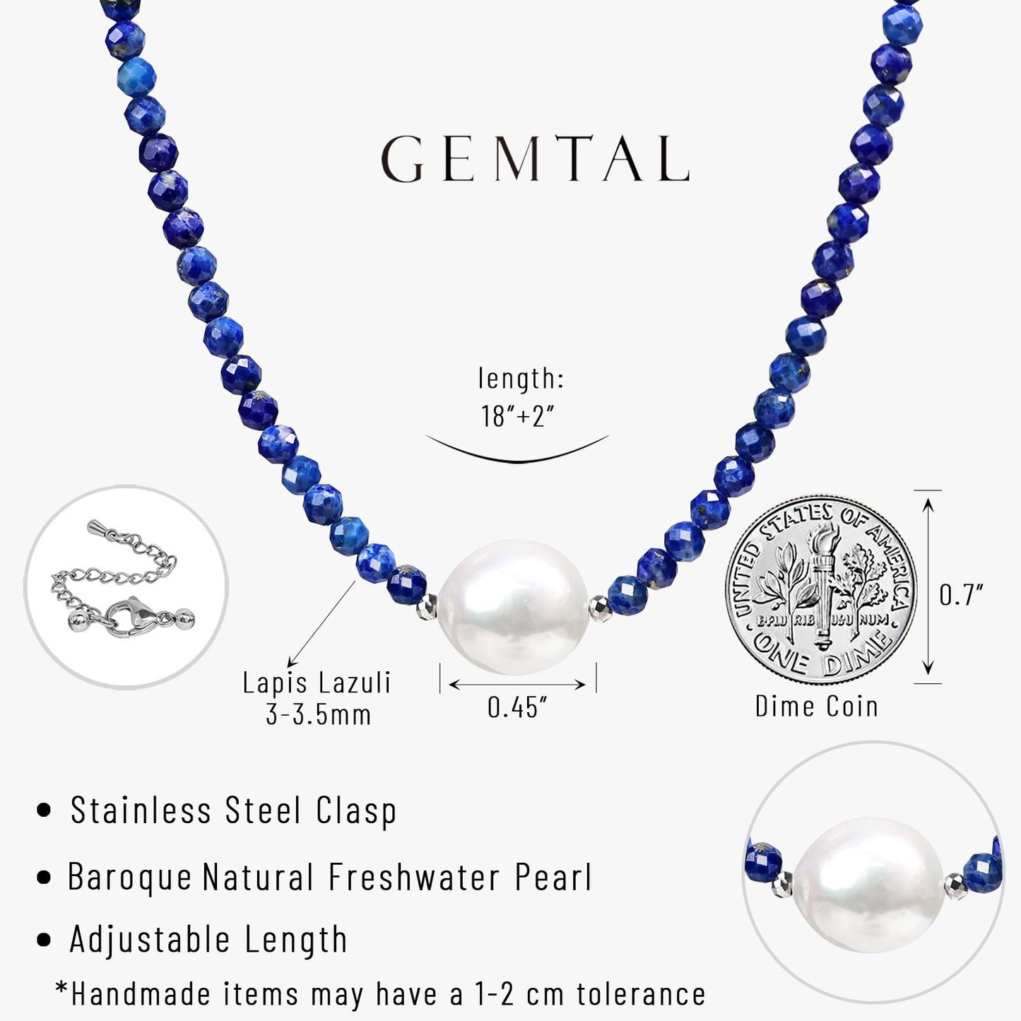 Pearl Necklaces for Women, Single Pearl Necklace Natural Gemstone Bead Choker Lapis Lazuli Necklace Dainty Pearl Beaded Necklace Handmade Jewelry Christmas Gift Birthday Anniversary 18 inch