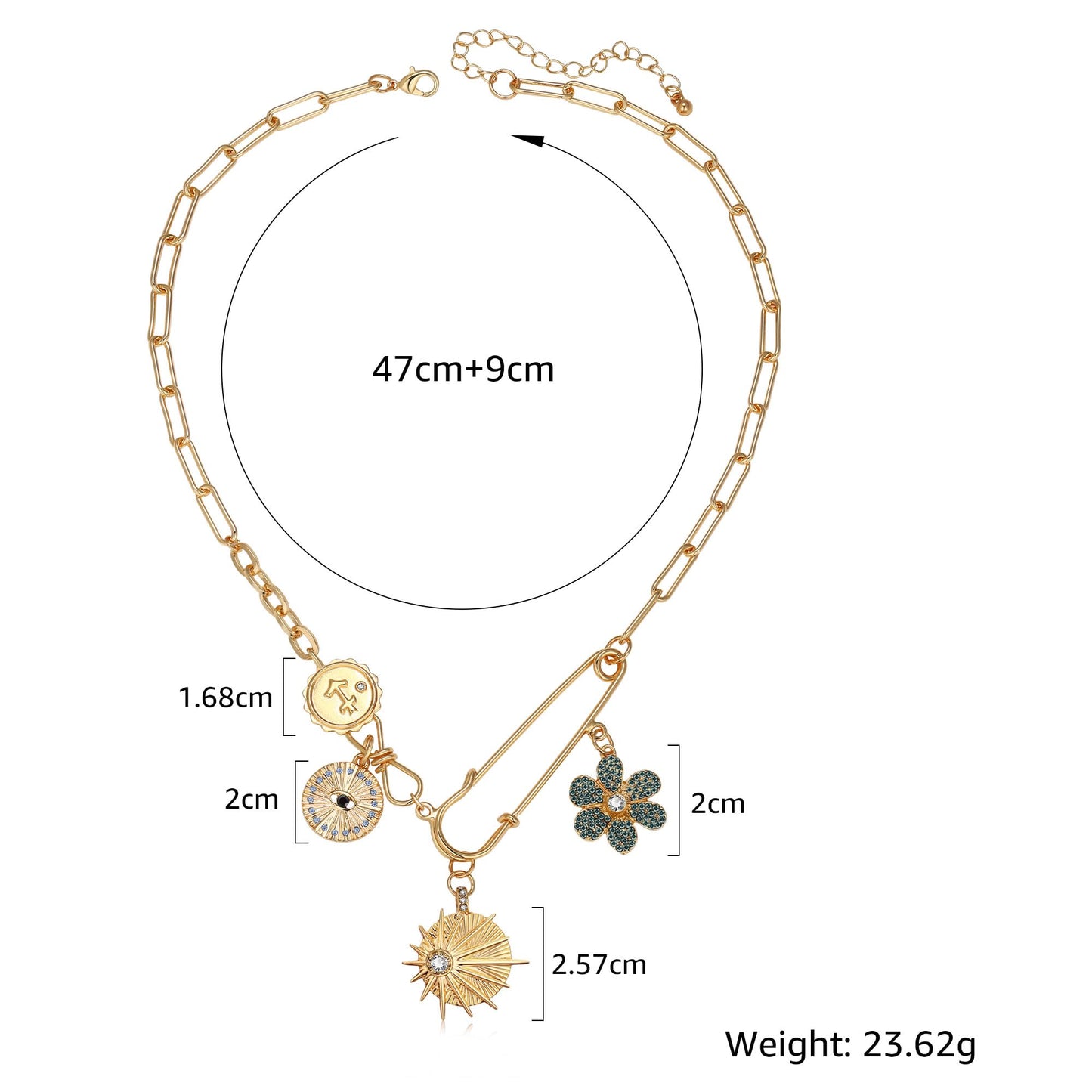 BONJOULRY Charm Necklace for Women Gold Sun Flower Evil Eye Good Luck Pendent Necklace Chunky Paperclip Third Eye Amulet Necklace for Women Flower
