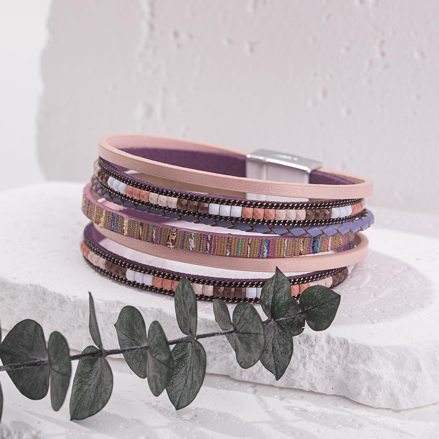 FANCY SHINY Boho Leather Wrap Bracelets Trendy Layered Bracelets with Magnetic Clasp Strackable Bohemian Cuff Jewelry Gifts for Women(Pink)