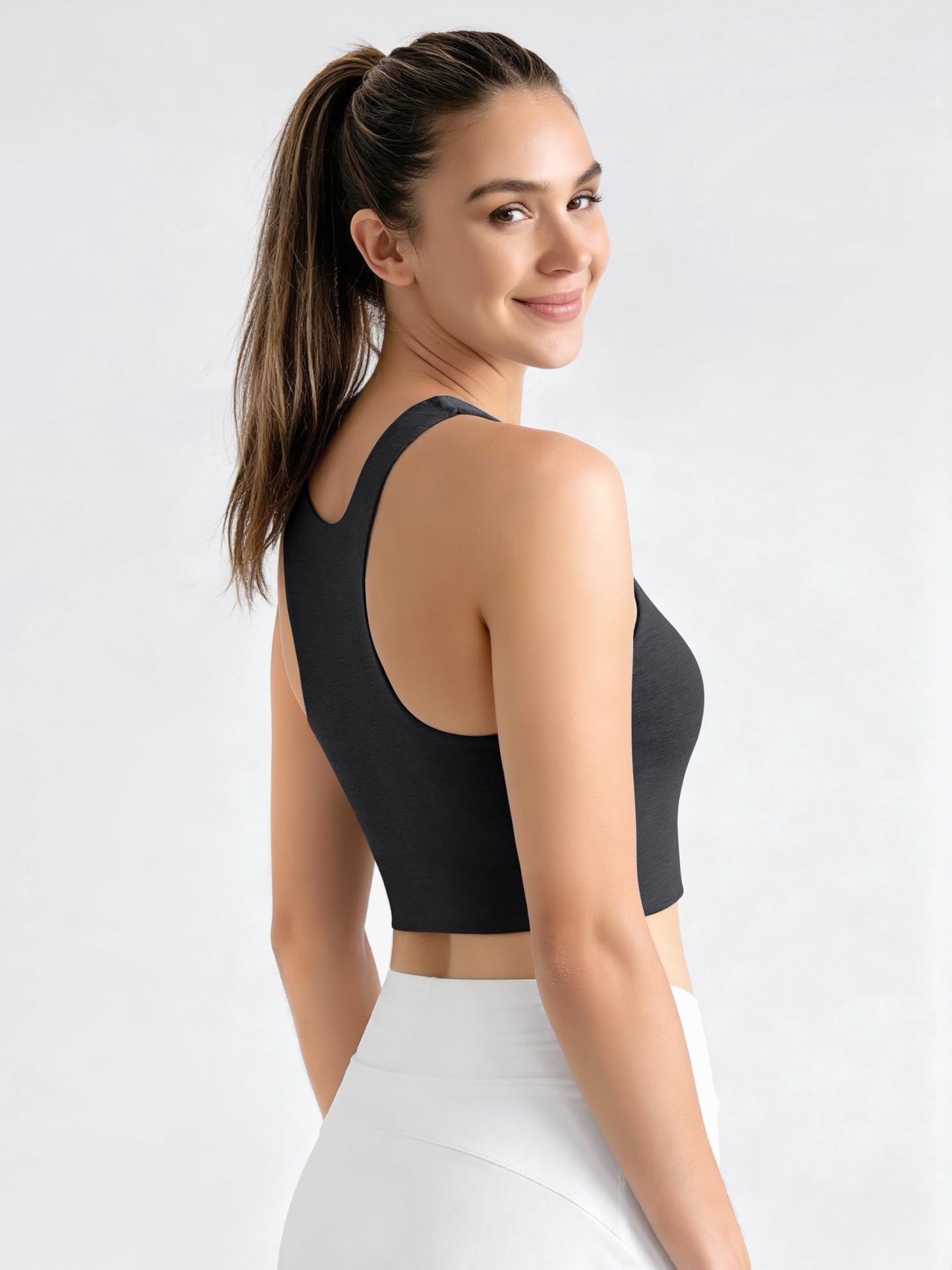 ODODOS Women's Racerback Tank Bra High Neck Non Padded Medium Support Sports Bra Ultra Soft odSTRATUM Tech Yoga Crop Tops, Black Heather, Medium