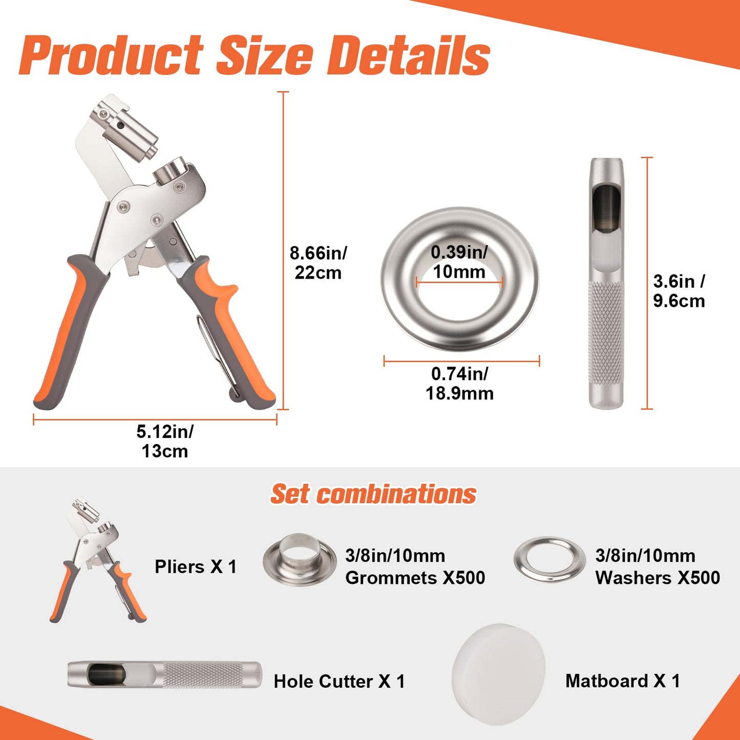 500Pcs 3/8Inch ID Grommet Tool Kit, Tarp Grommet Eyelet Tool Kit for Fabric with 10mm ID Grommets, Manual Grommet Press Fabric Hole Punch Tool for Tarp, Fabric, Banner and Canvas