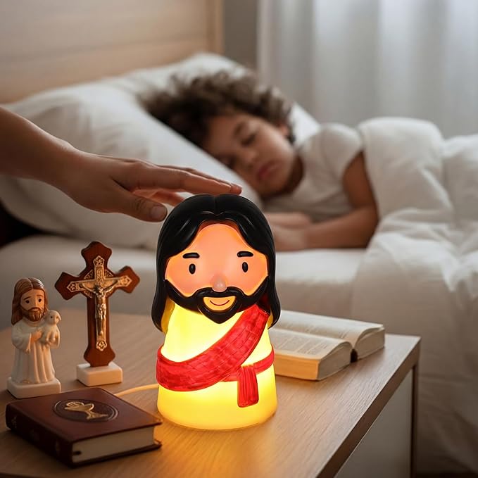 Cute Jesus Night Light, Jesus Gift, Dimmable PVC Christian Lamp, USB Rechargeable Touch Bedside Light, Baptism Favor, Easter & Religious Gifts (3 x 5 Inch)(Red)