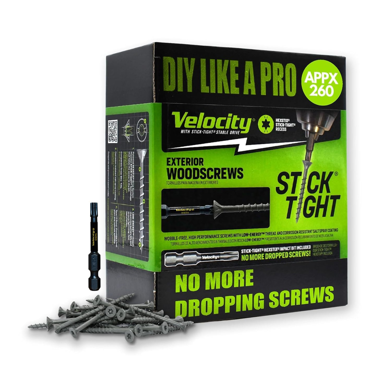 Velocity Exterior 4 Inch Wood Screws and T25 Torx Bits (Size #10) – Stick Tight Technology, Made with Carbon Steel, Includes Hexstix Bit & Storage Organizer Fence Screws for Wood (260 Pieces)