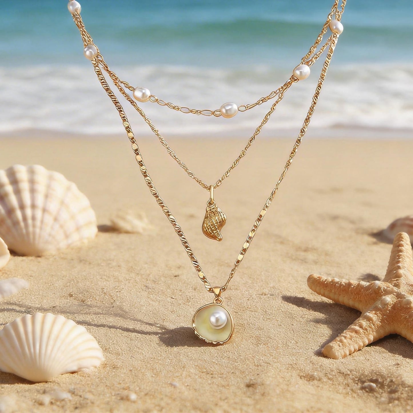 KummerSaprk Seashell Necklace Summer Vacation Jewelry for Women Gold Beachy Necklace Stack Starfish Flower Cowrie Sea Shell Pendant Necklaces Summer Essentials Accessories Gifts