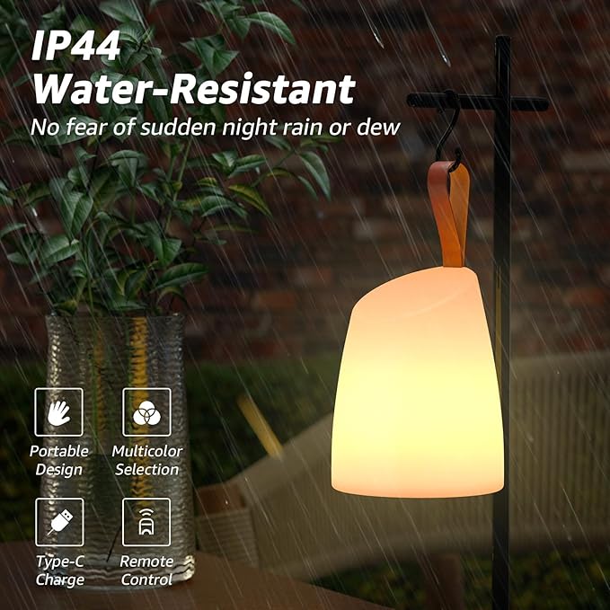 uuffoo Portable Table Lamp Dimmable Rechargeable LED Lantern Outdoor IP44 Waterproof Shower Lamp, 7 Color RGB+Warm White, Memory Function, 7H Timer Auto-Off for Patio Garden Camping