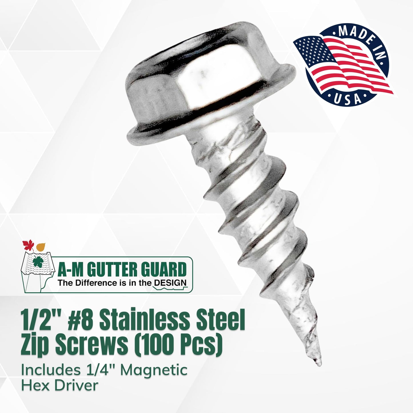 A-M Gutter Guard - 1/2" #8 Stainless Steel Zip Screws - Self-Piercing Xtra Sharp Tip - Mill Finish - 1/4" Hex Washer Head –100 Pack-Includes 1/4" Magnetic Hex Driver – for Gutter Install