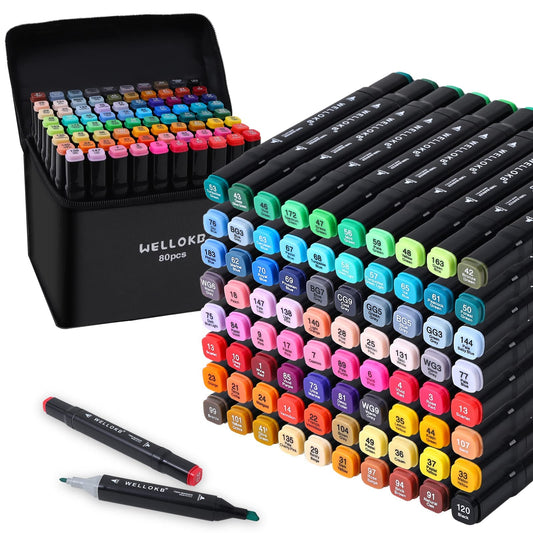 WELLOKB Alcohol Based Marker with Case, 80 Colors Dual Brush Tip Permanent Art Markers for Book Painting Card Making Coloring Illustrations Sketch, Christmas gift for Adults Kids 8-12