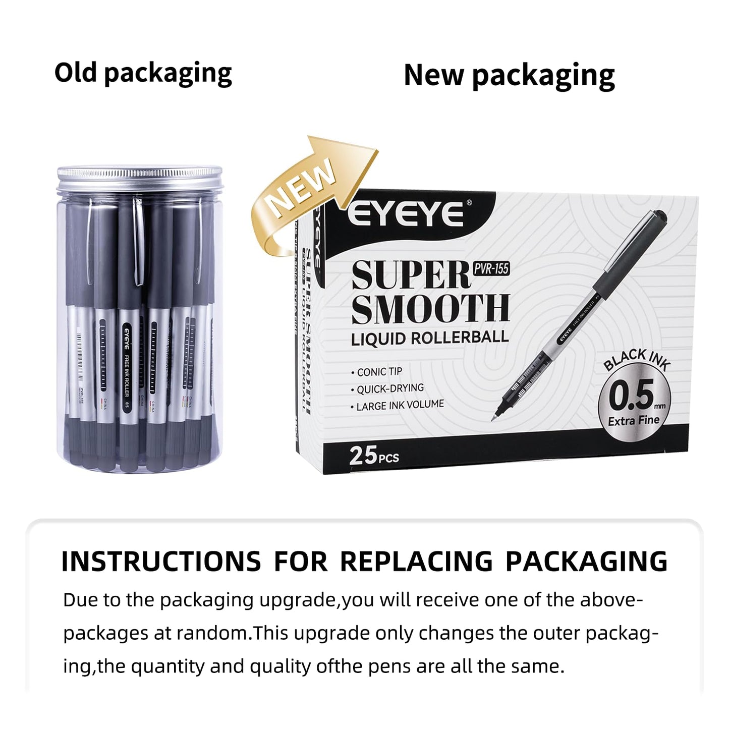 EYEYE 0.5mm Black Rollerball Pens 25 Pack, Extra Fine Point Roller Ball Pen Quick Dry, Liquid Ink Pens Fine Point Smooth Writing Pen for Journaling, Note Taking, Office, School Supplies
